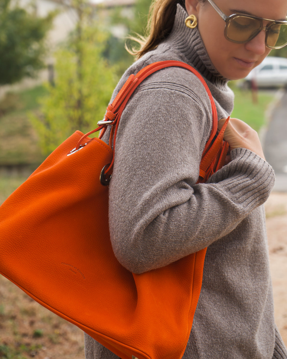 Grand tote bag en cuir nubuck orange